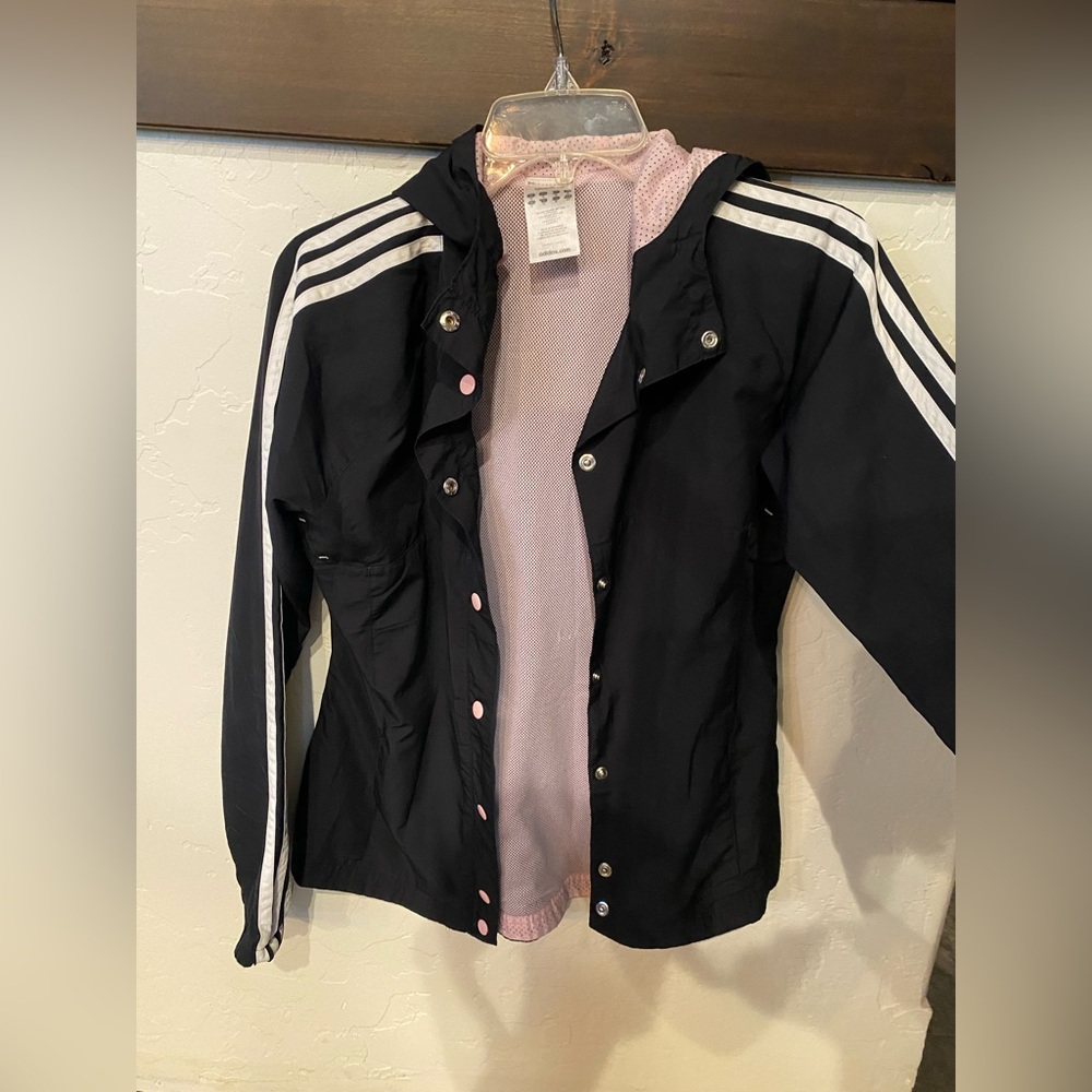 Adidas black and pink windbreaker.